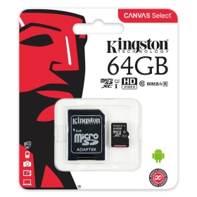 KINGSTON MICRO Secure Digital 64GB microSDHC Canvas Select 80R CL10 UHS-I Card + SD Adapter